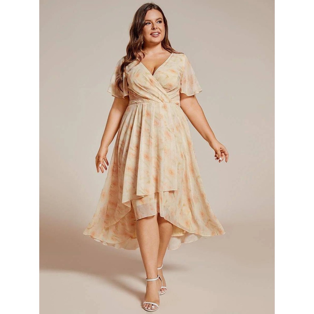 Ever Pretty Floral High-Low V-Neck Flutter Sleeve Dress Peach Plus Size 30 / 7X